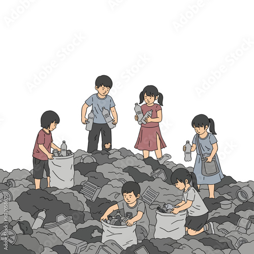 Group of Children Sorting Trash for Recycling in a Waste Pile with Gray Clothing Bottle and Pixel Art Style Illustration