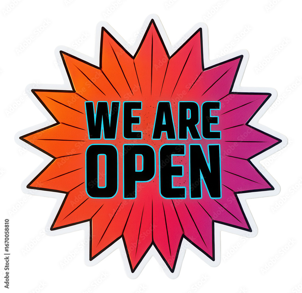 Fototapeta premium Colorful starburst sticker with WE ARE OPEN text in bold style, vibrant retail promo announcement on transparent background.