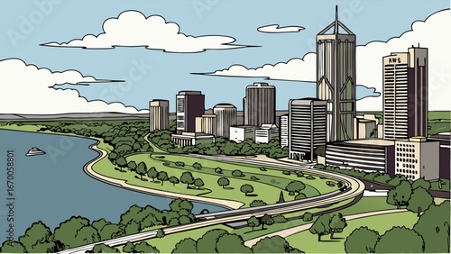 Cityscape illustration urban landscape modern buildings river park green space aerial view illustration vector art graphic design city skyline architecture downtown high-rises skyscrapers blue sky wh.