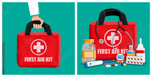 Medical professional holding a first aid kit and an open kit with medicine, thermometer, and stethoscope. Health care concept vector illustration.