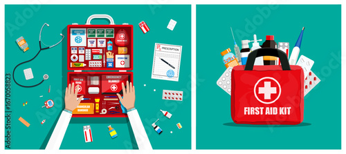Doctor hand with an open first aid kit and medical supplies. Healthcare and emergency concept. Flat style vector.