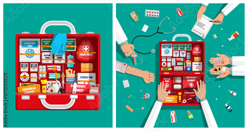 First aid kit with medical equipment to treat patient. First aid for emergency care. Healthcare and hospital concept.