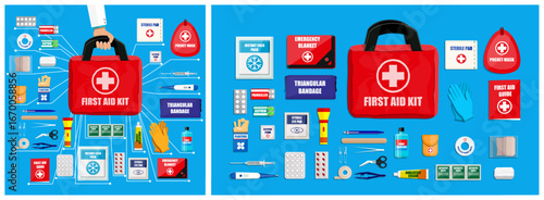 Hand of medical doctor holding red first aid kit with supplies. Healthcare organization in emergencies concept.