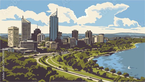 Cityscape Skyline Urban Landscape River Park Modern Architecture Summer Day Aerial View Blue Sky Green Trees Buildings Cityscape Illustration Highrise Buildings Urban Design Nature and City Waterfron.
