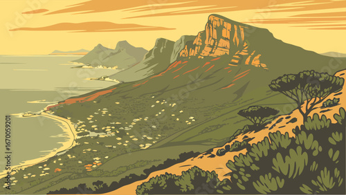 Coastal Mountain Landscape at Sunset Scenic View Travel Poster Art.