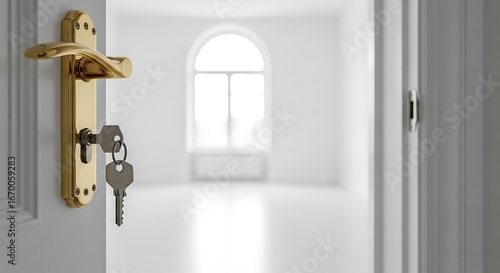 A gleaming gold doorknob and keys hang invitingly from a white door, revealing a bright, empty room.