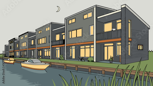 Night Scene of Modern Houses by Canal with Boats Illustration