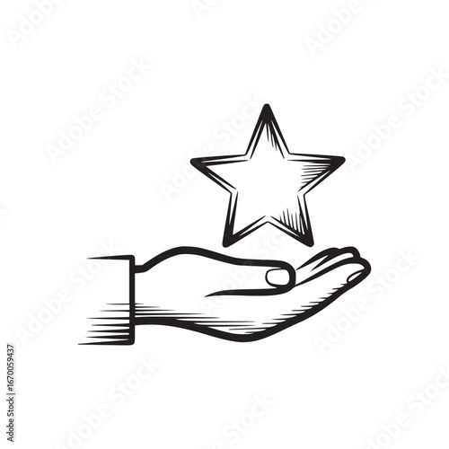 Illustration of a hand holding a star with a suit sleeve in a black and white drawing style