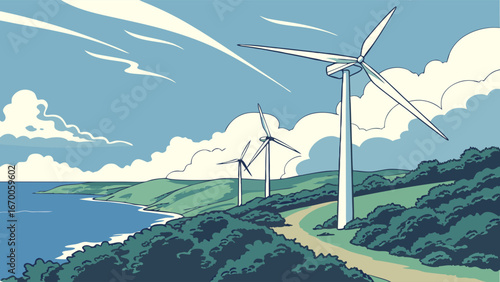 Coastal Wind Turbines Generating Clean Energy Green Landscape Illustration.