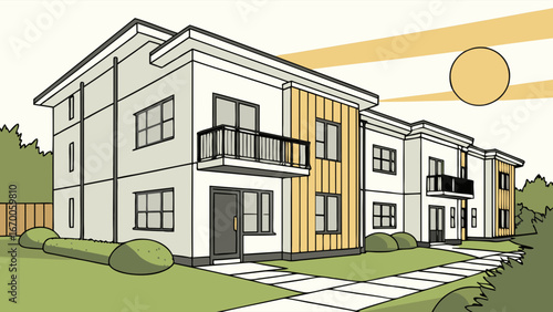 Contemporary apartment building illustration modern architecture design suburban housing real estate home exterior property development building design architectural drawing house plan two-story buil.