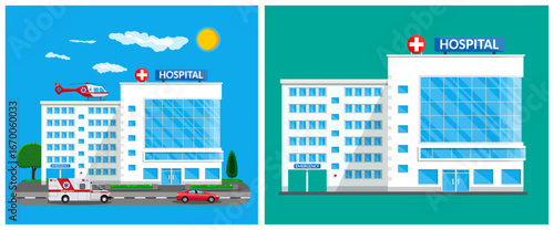 Healthcare facility exterior with ambulance, helicopter and red car. Medical hospital building and clinic, concept of health care. For website, flyer or media.