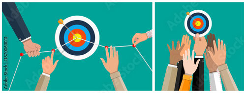 Businessmen hand set up line graph, another hand team target arrow on bullseye. Concept business goal achievement, success, teamwork.