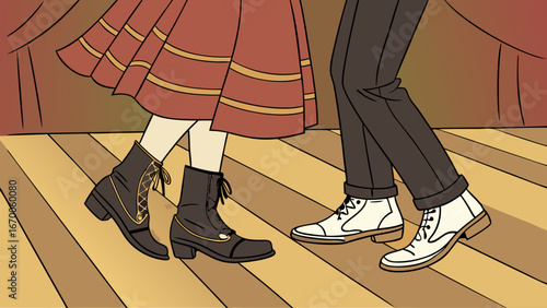 Couples Feet on Stage Vintage Style Boots and Shoes Illustrated Dance Scene.