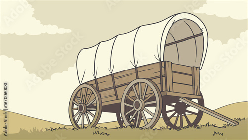 Covered Wagon in Landscape Vintage Travel Illustration Western Theme Prairie Cart Graphic Design Element.