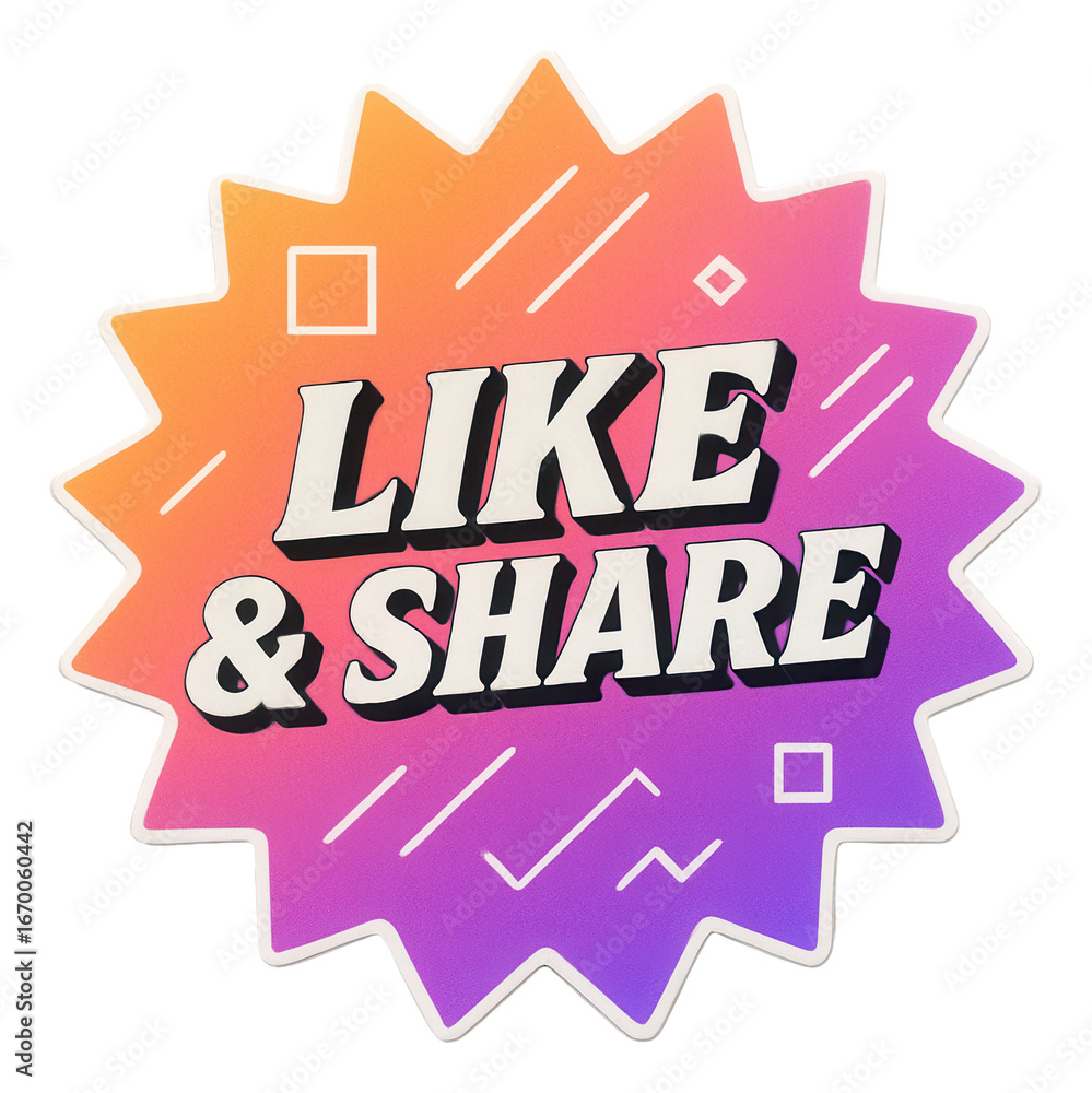 Fototapeta premium Colorful burst sticker with LIKE & SHARE message in bold style, engaging retail promotion offer on transparent background.