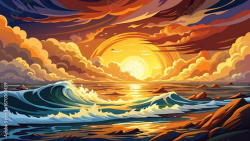 Painting of sunset over ocean captures crashing waves, glowing clouds, and golden horizon, merging sea and sky into timeless masterpiece radiating warmth, energy, and poetic tranquility.