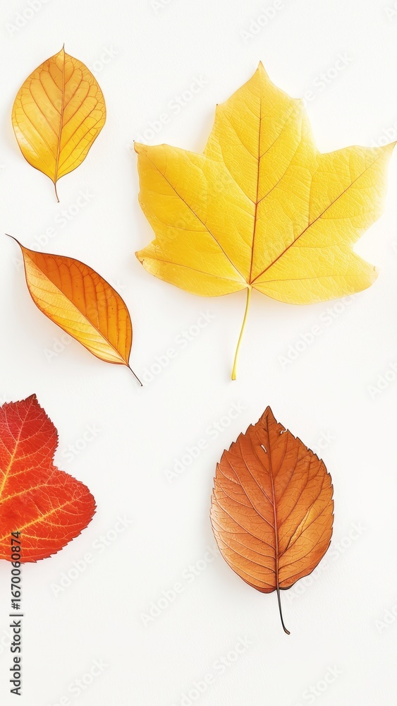 Fototapeta premium Colorful autumn leaves in various shades of red, orange, yellow, and brown isolated on white background for fall and Thanksgiving themes