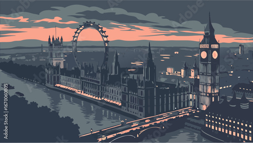 Stylized Cityscape at Sunset with Ferris Wheel and Clock Tower