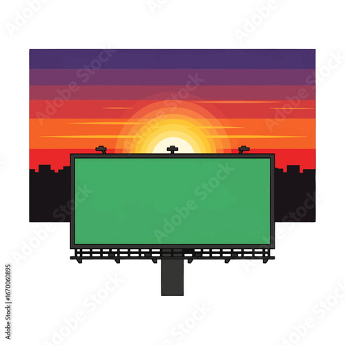 Pixel Art Style Depicting a Green Billboard Against a Vibrant Sunset Sky and Cityscape Silhouette