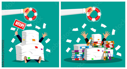 Man drowning in paper with a hand offering a lifebuoy for help, showing stress at heavy office work.