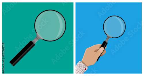 Magnifying glass icon. Glass with handle. Hand holding magnifier. Concept of search, analyze, find, discovery for web or app.