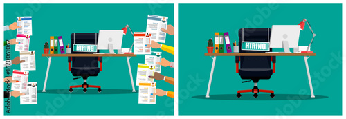 Many hands holding resume documents. HR manager choose employee from many applicants. Job search and human resource concept.