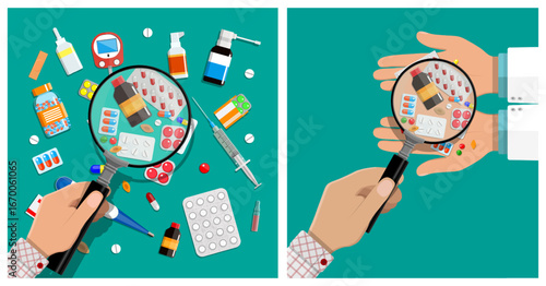 Man holding magnifying glass over medical pills. Pharmacist inspecting blister pack, syringe. Doctor analyzing capsule and drug.