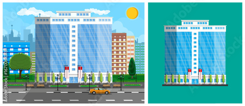 Modern city street landscape with office building or bank, and car. Business center or downtown urban scene. Financial concept, architecture.