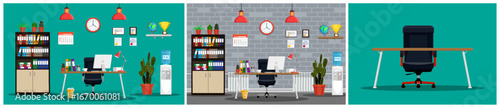 Empty office interior with modern furniture set. Workspace with desk, chair, computer, shelves, and water cooler. Flat style illustration for business.