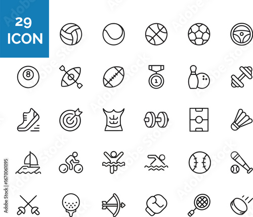 Sport Line Icons. Editable Stroke. Pixel Perfect. For Mobile and Web. Contains such icons as Baseball, Volleyball, Tennis, Basketball, Soccer, Medal.eps