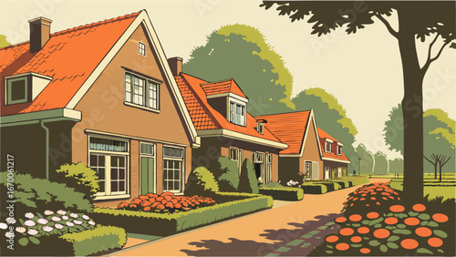 Townhouses, Suburban Street Scene, Residential Area, Architectural Illustration, Family Homes, Property, Real Estat