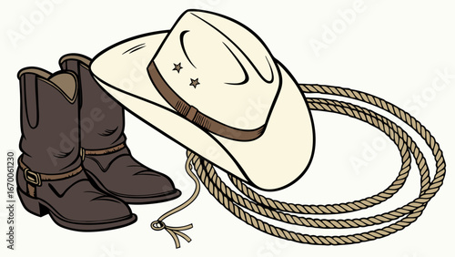 Cowboy hat boots and lasso western illustration wild west rodeo country vintage graphic design.
