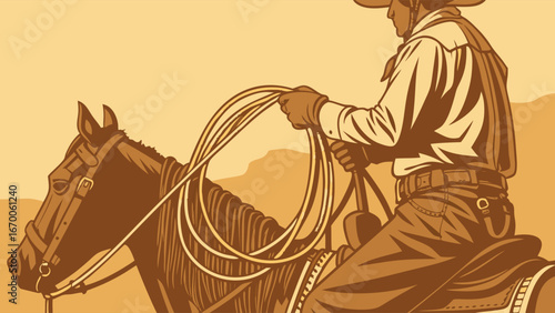 Cowboy on Horseback with Lasso Western Illustration Vintage Style.