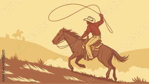 Cowboy riding a horse and lassoing Western scene illustration.