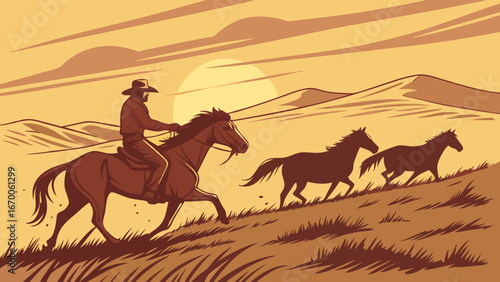 Cowboy riding a horse across a field with two other horses running alongside at sunset.