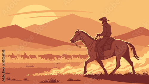 Cowboy riding horse across plains at sunset herding cattle.