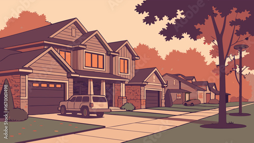 Vintage Cityscape Illustration River, Bridge, Cathedral, Sunset, Retro Style