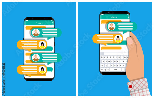 Man uses smartphone for messaging. Chat on mobile phone with text bubble and keyboard. Communication app concept.