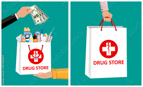 A man hand gives money for medicine in a drug store bag, another man hand holds a full drug store bag. Healthcare shopping concept.