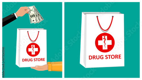 Man's hand giving money for shopping bag from drug store for selling medicine. Pharmacy purchase flat design illustration.
