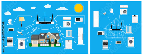 Smart home system connecting various household appliances to a central router. Internet of things technology for automation.