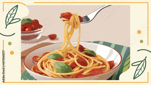 Delicious Spaghetti with Cherry Tomatoes and Basil in a Bowl.