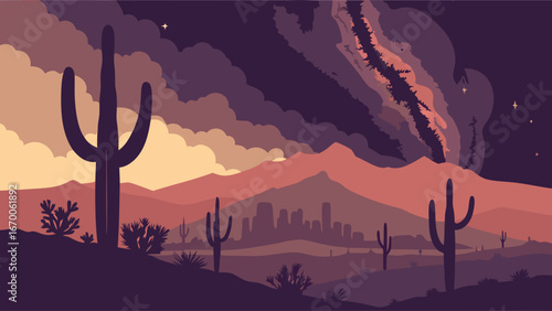 Desert landscape at sunset with cacti and city skyline under a starry night sky.