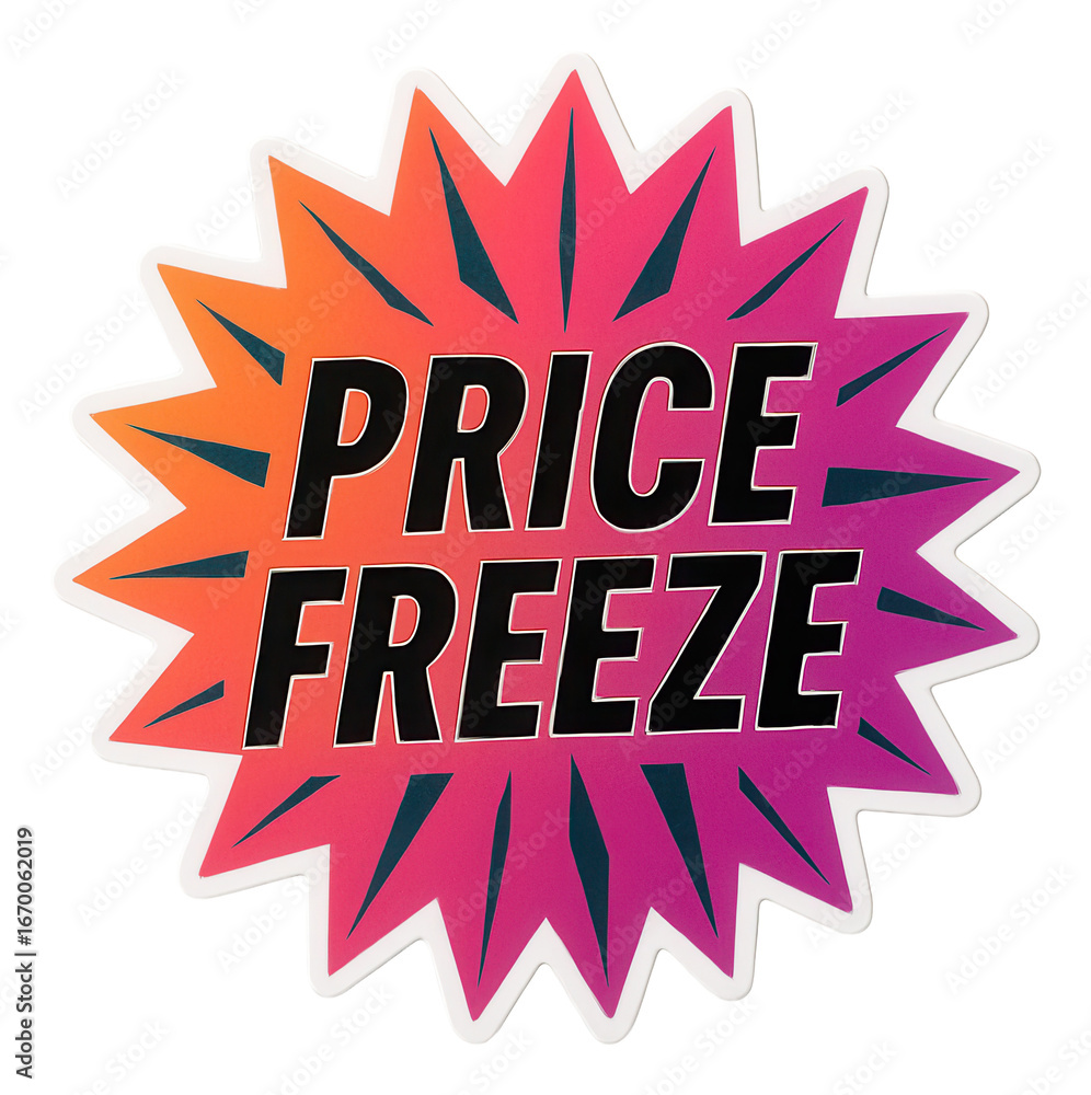 Fototapeta premium Vibrant starburst sticker with PRICE FREEZE offer in bold black font, attention-grabbing retail discount promo on transparent background.