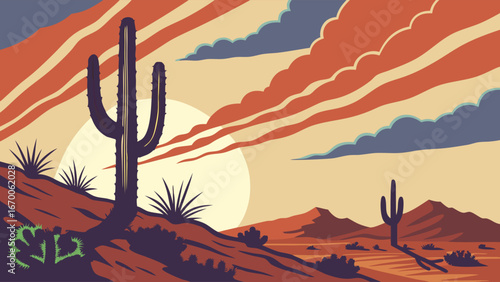 Desert landscape at sunset with cacti and mountains.