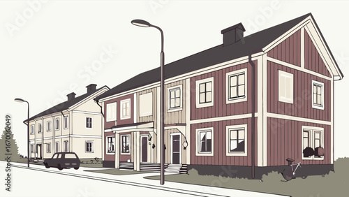 Townhouses, Suburban Street Scene, Residential Area, Architectural Illustration, Family Homes, Property, Real Estat
