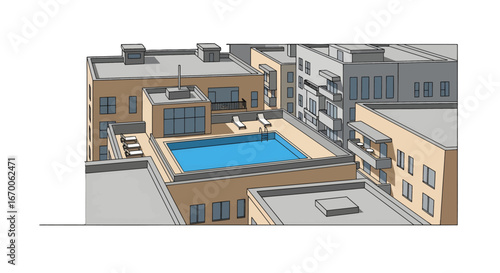 Apartment Complex Rooftop Swimming Pool with Beige Buildings and Modern Architecture on a Sunny Day