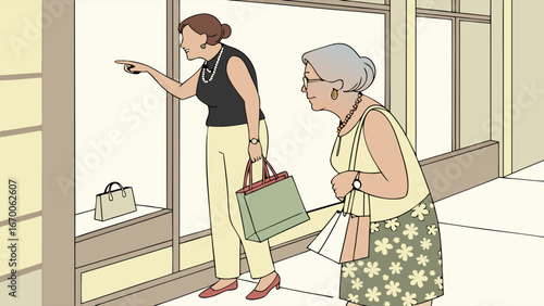 Two women shopping, looking at a storefront window, retail, city street, shopping bags.