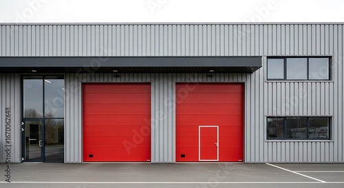 A modern industrial building facade showcases two large red sectional garage doors against a gray metal siding.