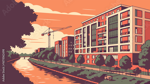 Urban Waterfront Promenade at Sunrise, Modern Architecture, Boats and Cranes.